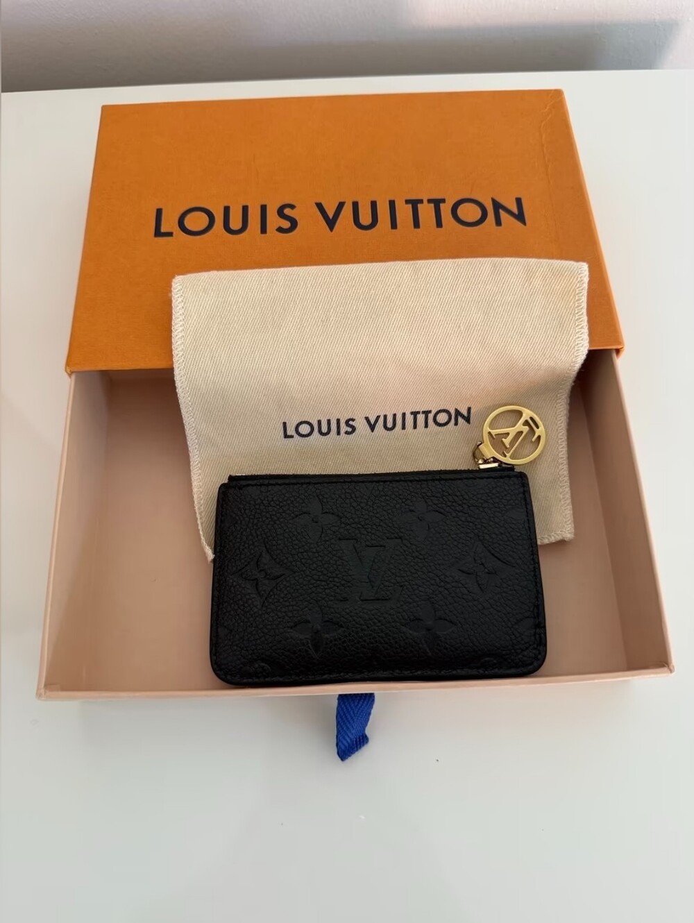 Louis Vuitton Black Embossed Leather Card & Key Pouch with Gold Charm
